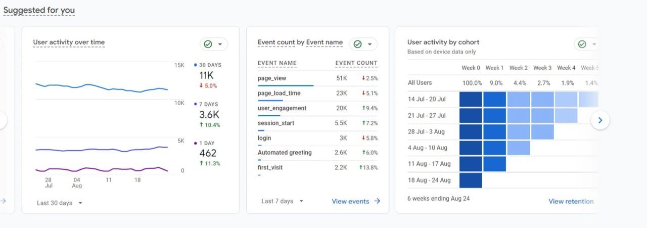 GA4 insight cards for Janets showing user activity over time, event counts and returning learner cohorts